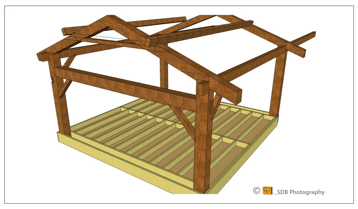 3D graphics project of a section of beam construction for a barn
