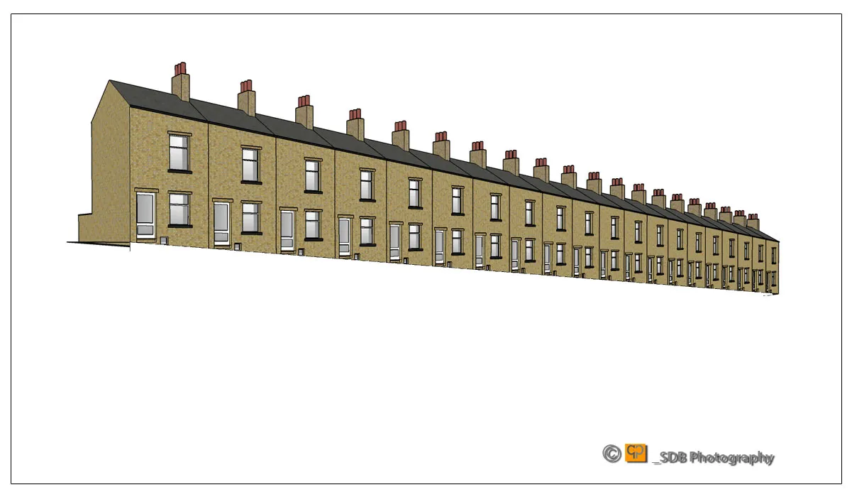 3D graphics of a typical row of Yorkshire terrace houses