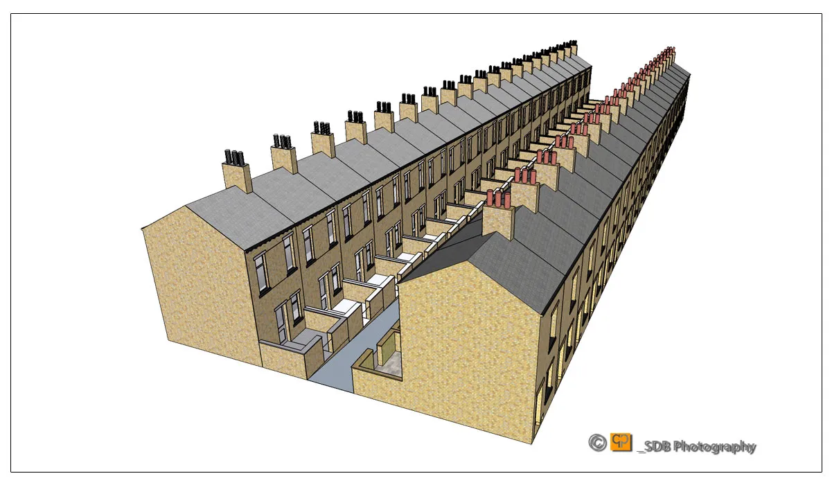 A 3D graphics of terrace houses in Yorkshire in Google sketch up program